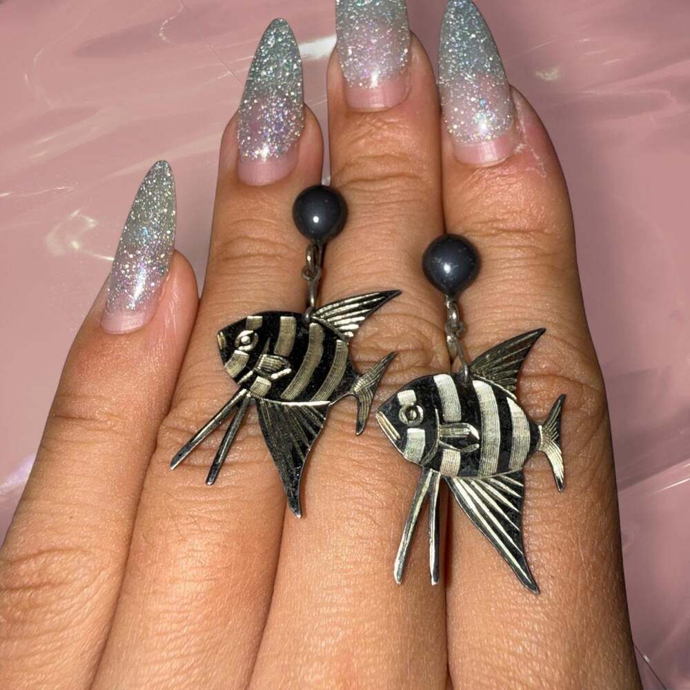 Vintage 925 Silver Tropical Fish Earrings Black Enamel